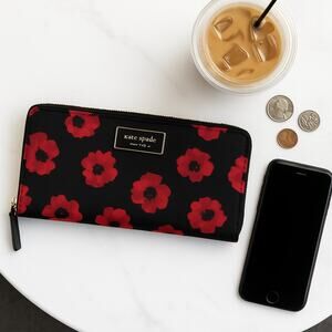 Kate Spade Black Nylon Accordion Zip Wallet | Poppy Floral | Zip Around Clutch